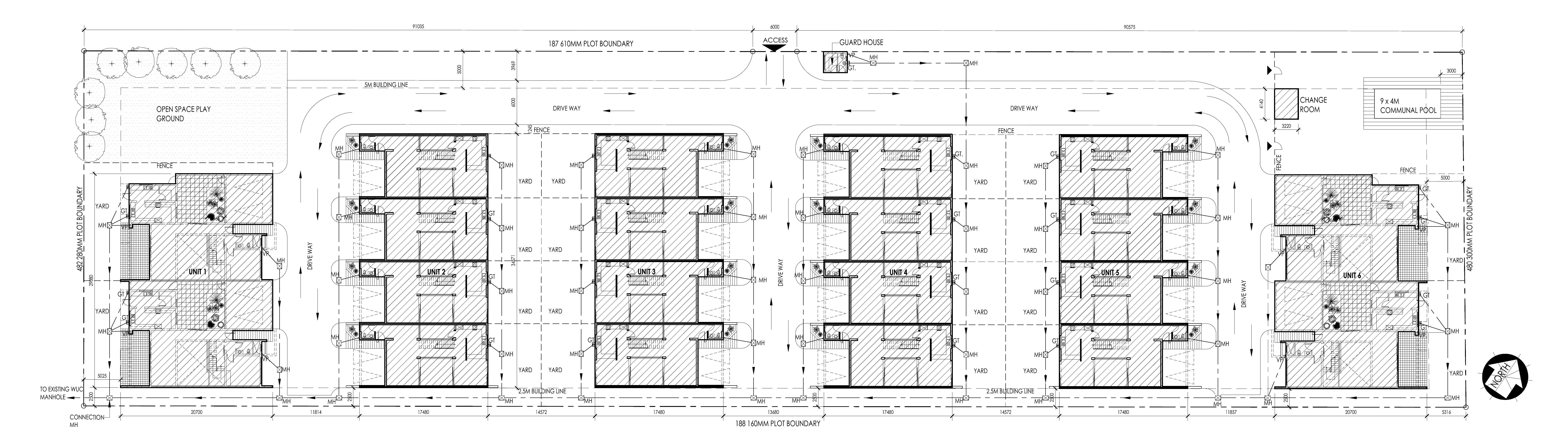 Golden Gate Estate approved site plan Dwg 100 — six double-storey residential blocks, communal pool, open play area, guard house and access gate