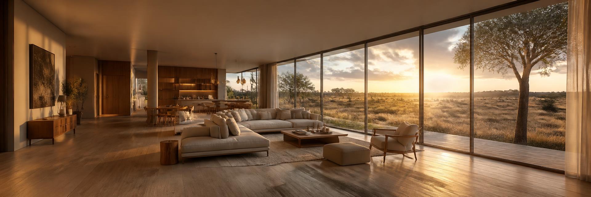 Living · floor-to-ceiling glass